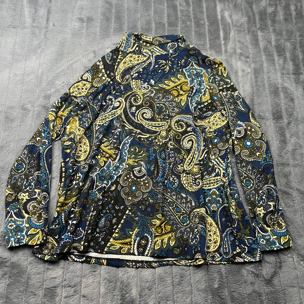 Susan Graver Liquid Knit Mock Neck Paisley Top Blue Yellow Womens 1X 15032
